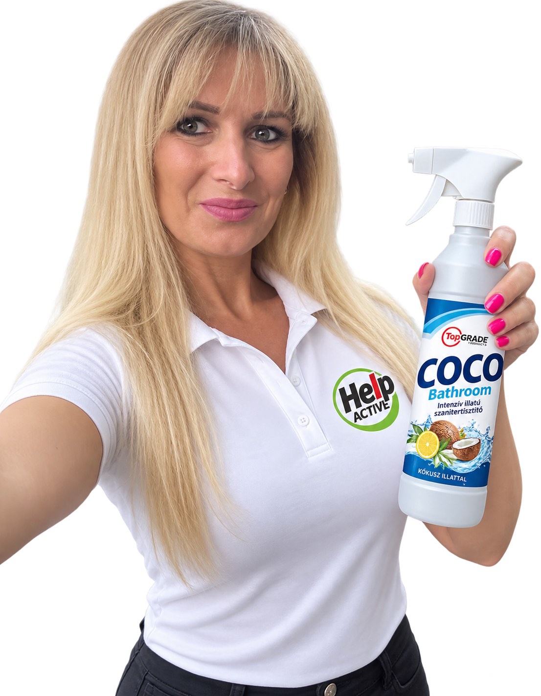 Klaudia Help Active polóban, COCO Bathroom szanitertisztítóval a kezében